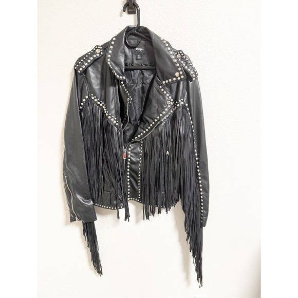 Nasty Gal Jackets & Blazers - Nasty Gal Black Faux Leather Studded‎ Fringe Moto Jacket Asymmetric Zip Size 10